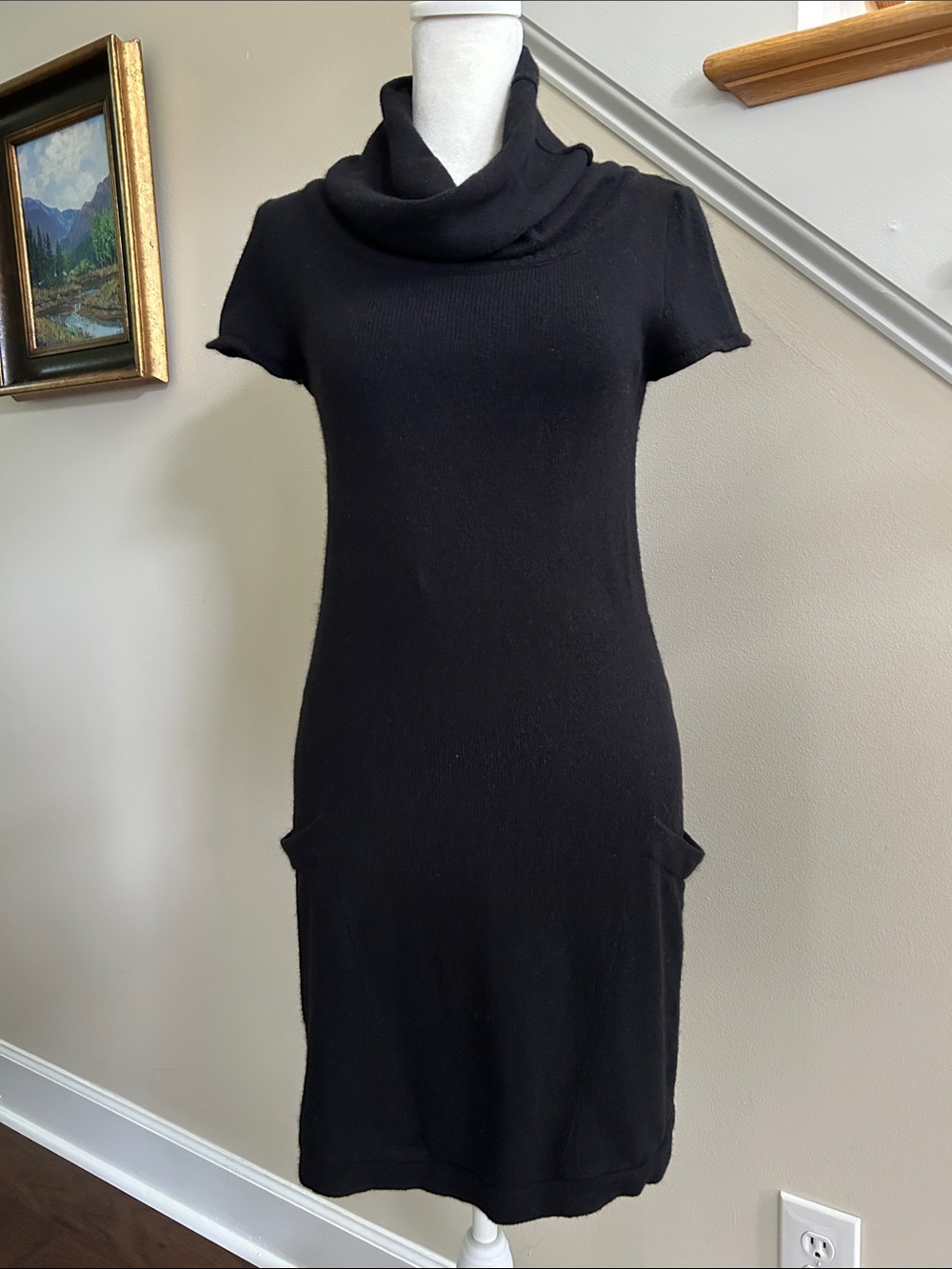 Zara Black Short-Sleeve Cowl Neck Fitted Midi Dress. Soft yarn blend. Size S